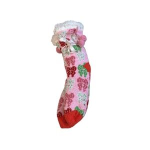 Simply Southern Cozy Sherpa Lined Holiday Bow Dot Pink Slipper Socks one‎ size